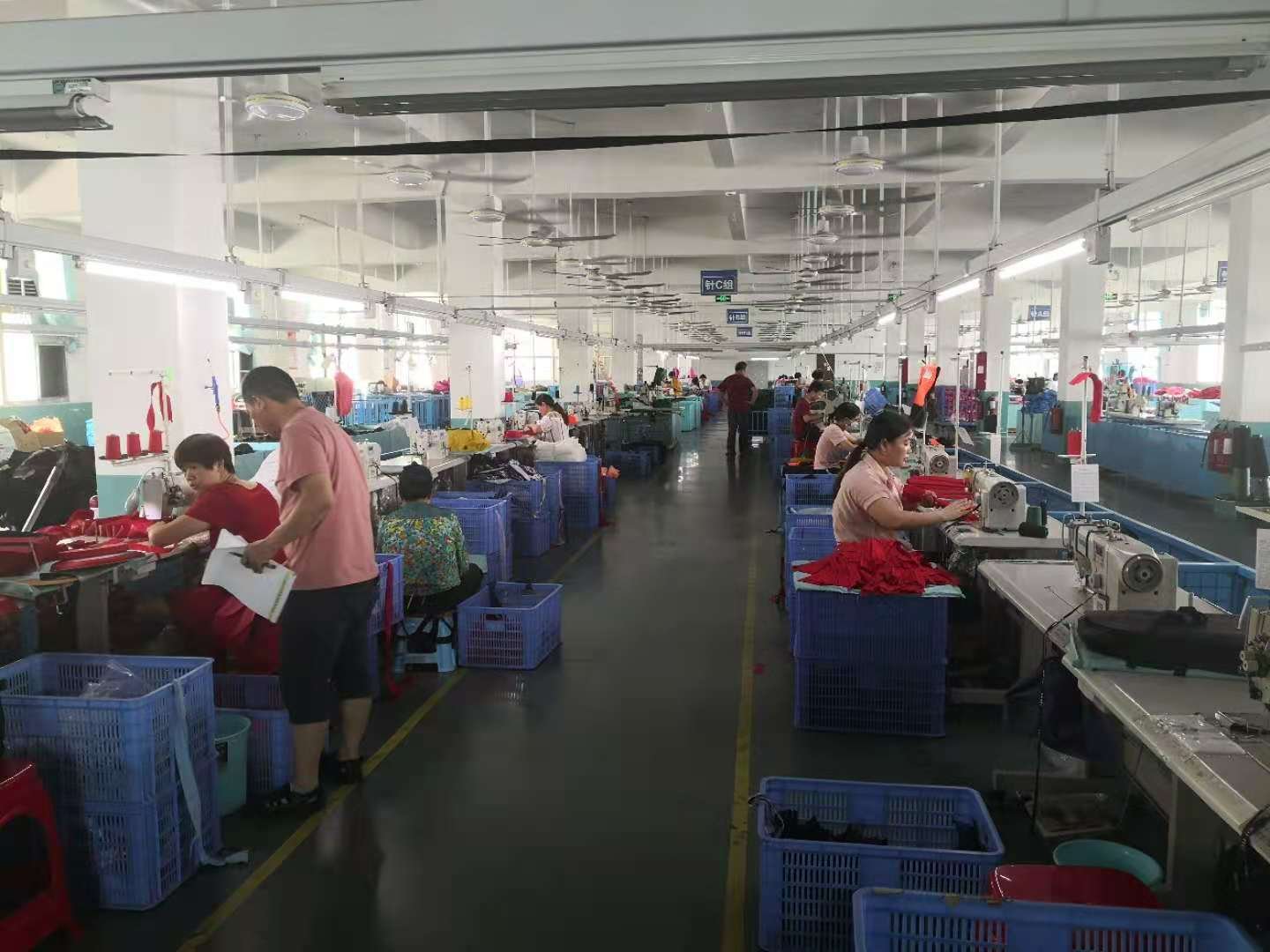Sewing workers on assembly line